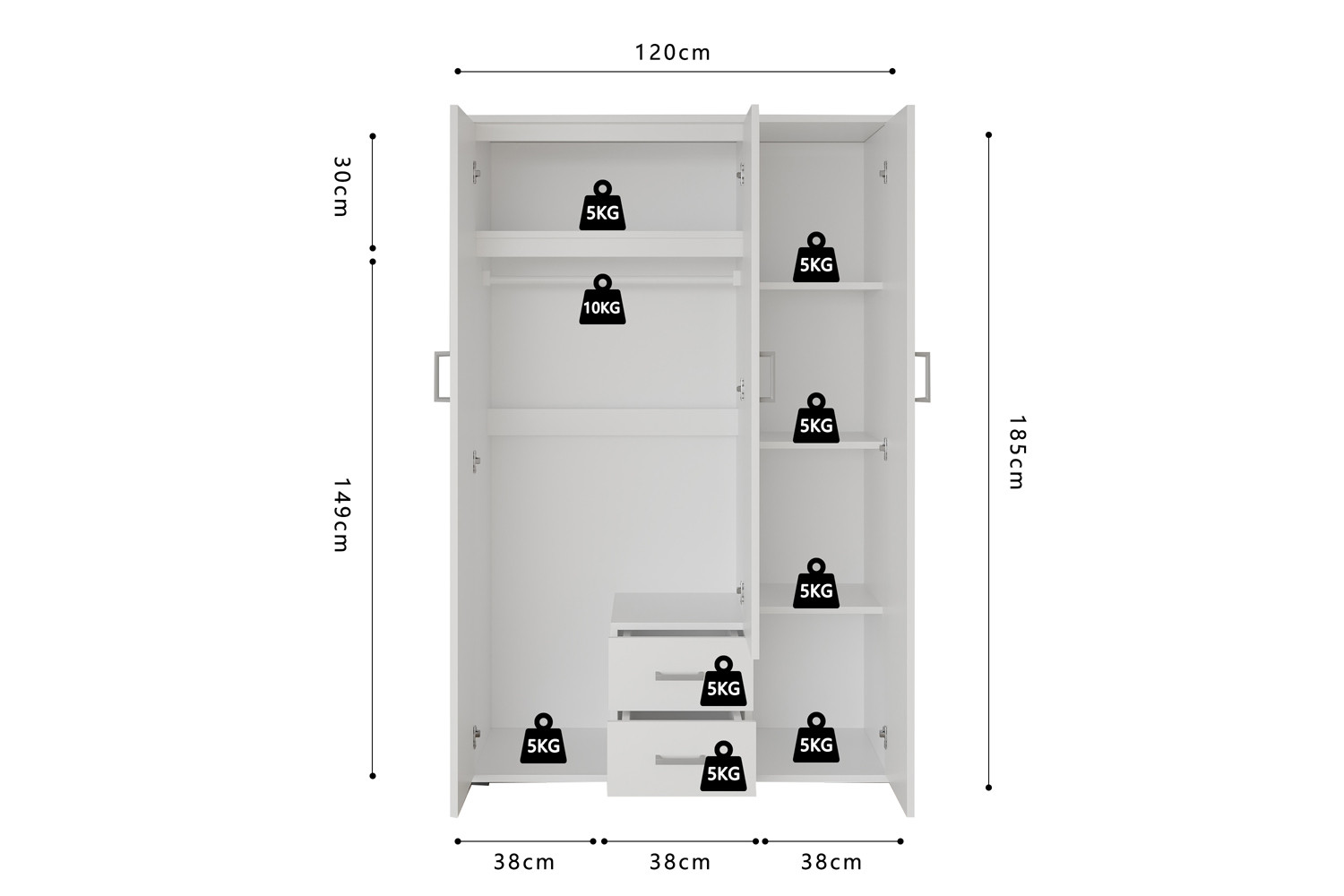 Image 9 for Kledingkast Marc 3 deuren met spiegel Wit