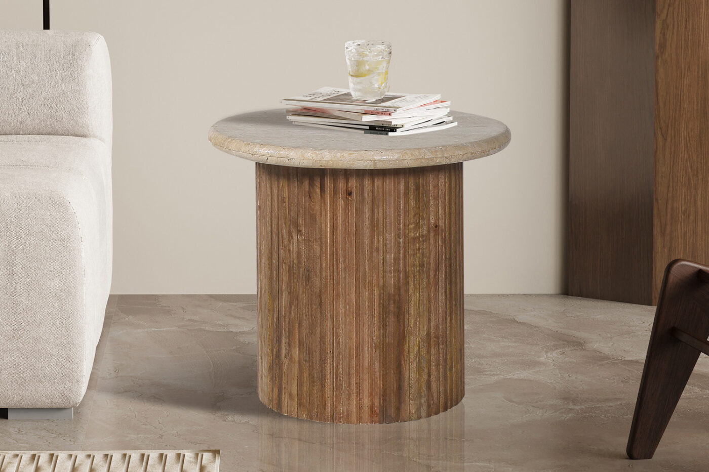 Image 1 for Bijzettafel Louis 50 cm Mango hout met Travertin Beige