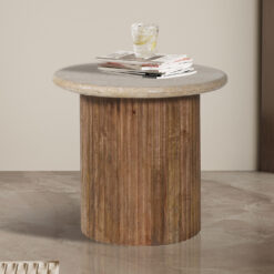 Image 1 for Bijzettafel Louis 50 cm Mango hout met Travertin Beige