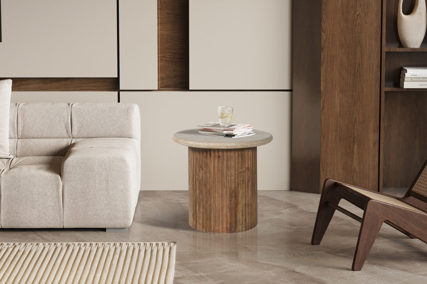 Image 2 for Bijzettafel Louis 50 cm Mango hout met Travertin Beige