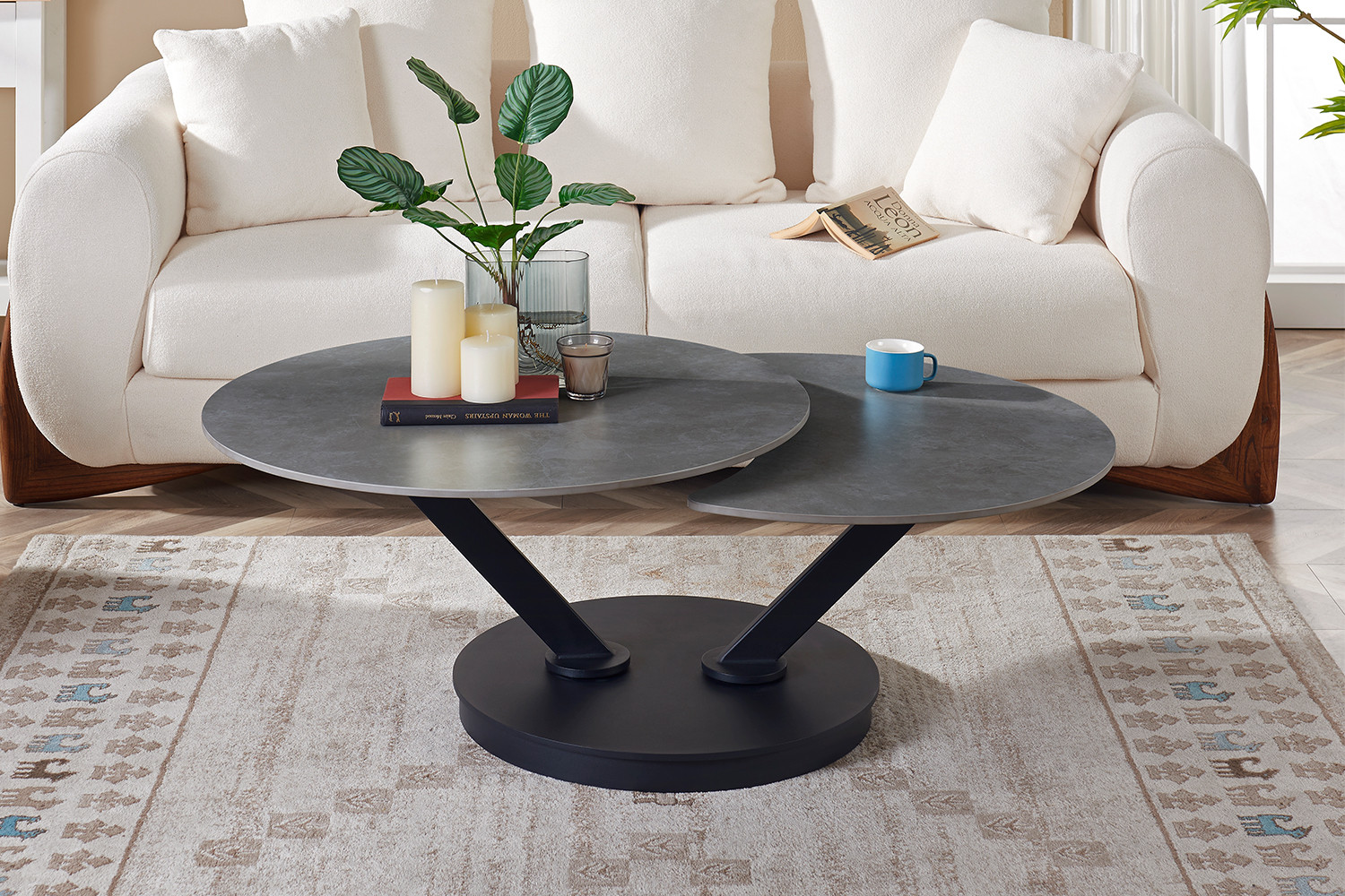 Image 1 for Salontafel Nara Rond Draaibaar Steen Lichtgrijs