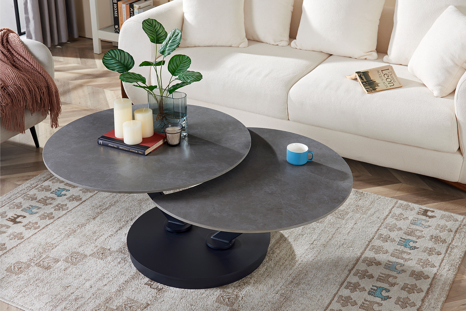 Image 3 for Salontafel Nara Rond Draaibaar Steen Lichtgrijs