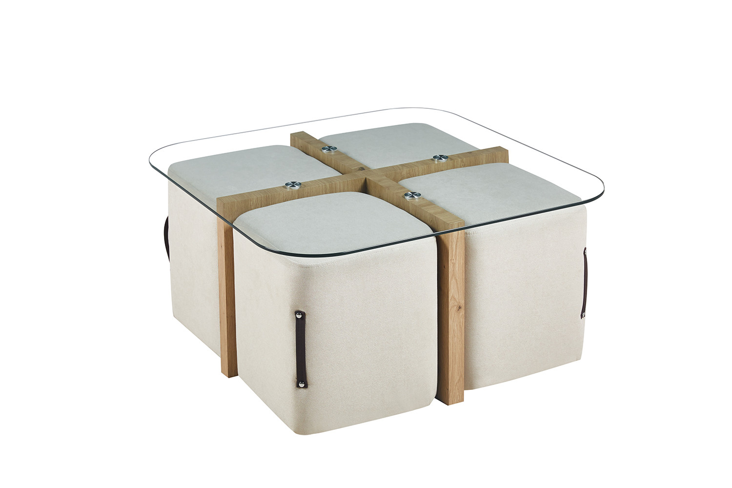 Image 4 for Salontafel Shana met 4 poefs stof Decor Oude eik