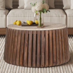 Image 1 for Salontafel Luuk 70 cm Rond Mango hout met Travertin Beige