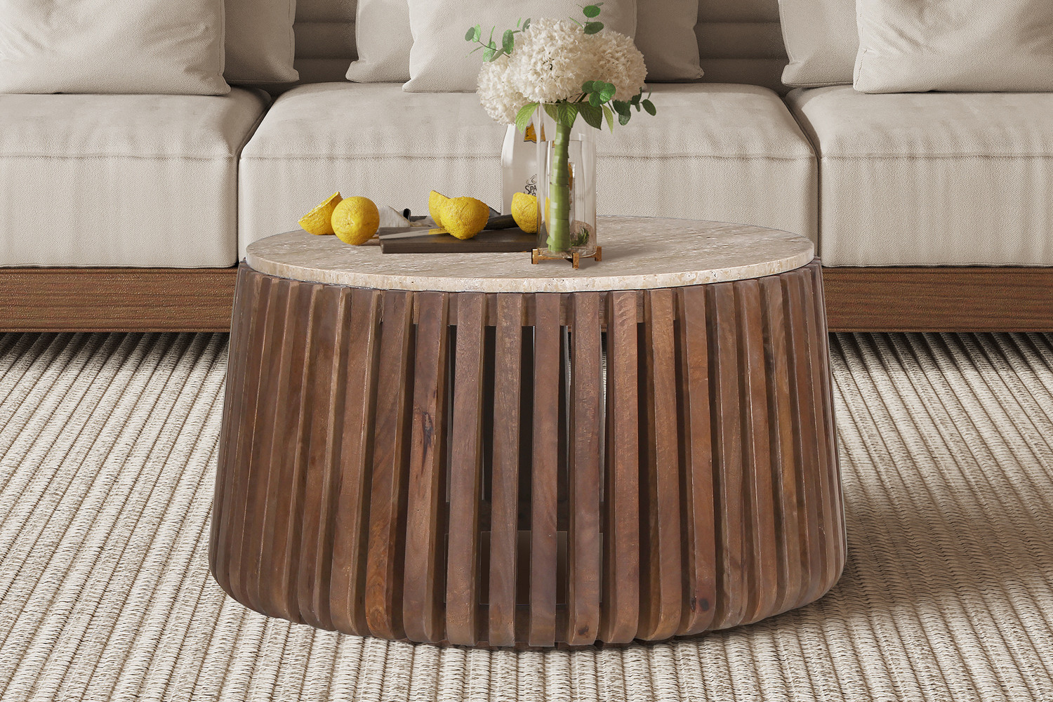 Image 1 for Salontafel Luuk 70 cm Rond Mango hout met Travertin Beige