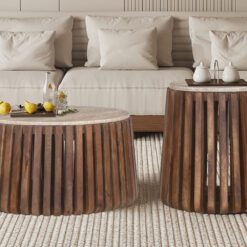 Image 2 for Salontafel Luuk 70 cm Rond Mango hout met Travertin Beige