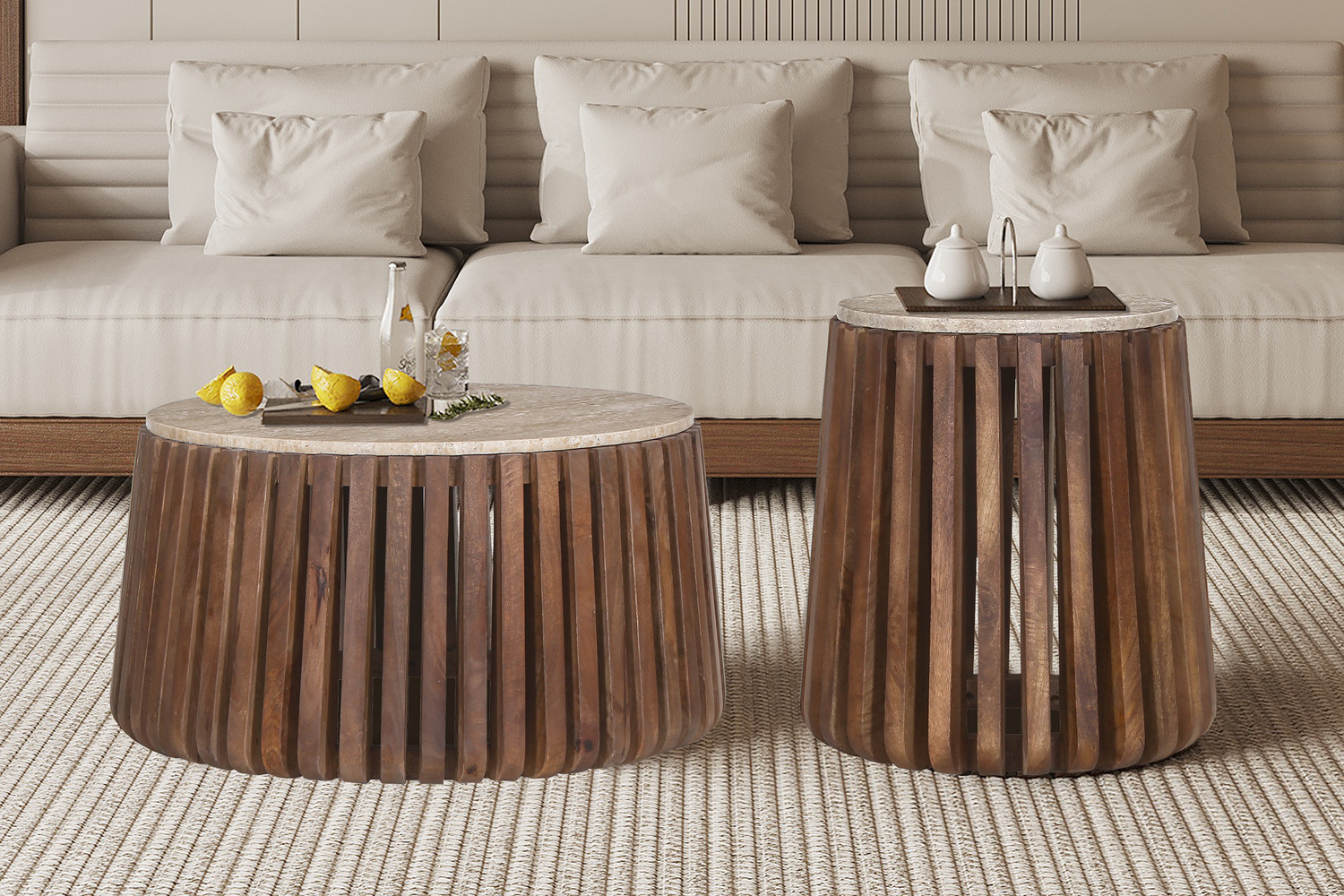 Image 2 for Salontafel Luuk 70 cm Rond Mango hout met Travertin Beige