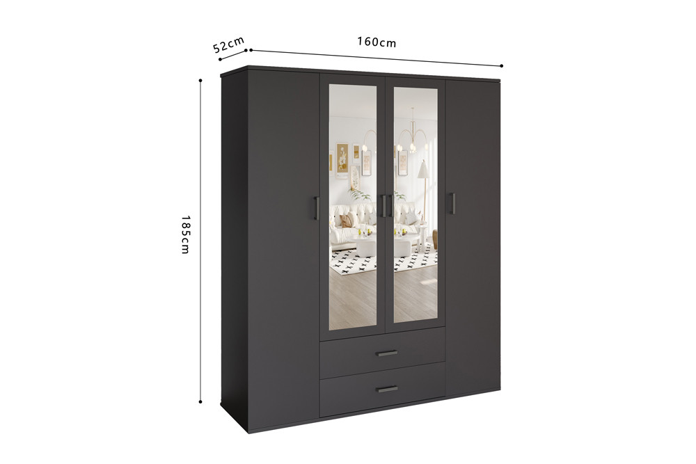 Image 8 for Kledingkast Marc 4 deuren met 2 spiegels Donkergrijs