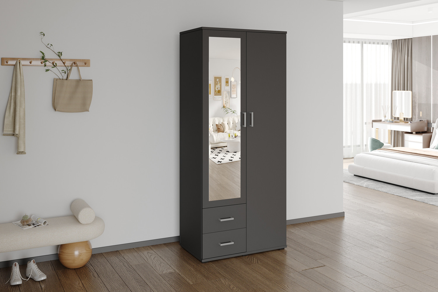 Image 1 for NEW - Kledingkast Marc 2 deuren met spiegel Donkergrijs