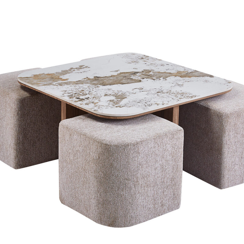 Image 3 for NEW - Salontafel Evora met 4 poefs stof Glanzend Steen Pandora