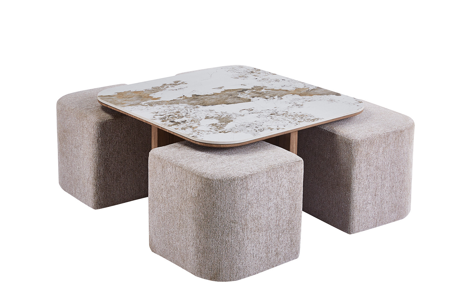 Image 3 for NEW - Salontafel Evora met 4 poefs stof Glanzend Steen Pandora