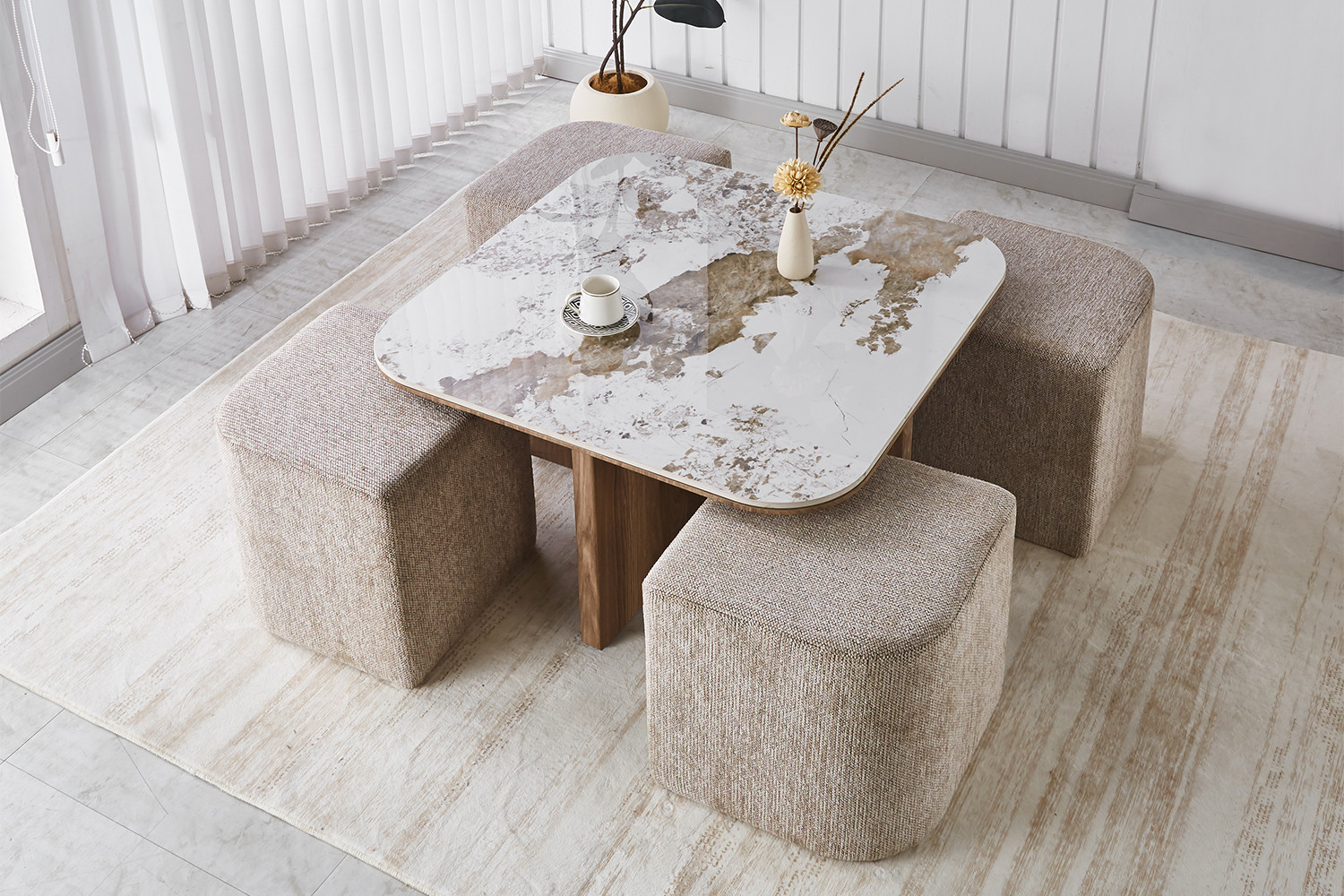 Image 2 for NEW - Salontafel Evora met 4 poefs stof Glanzend Steen Pandora