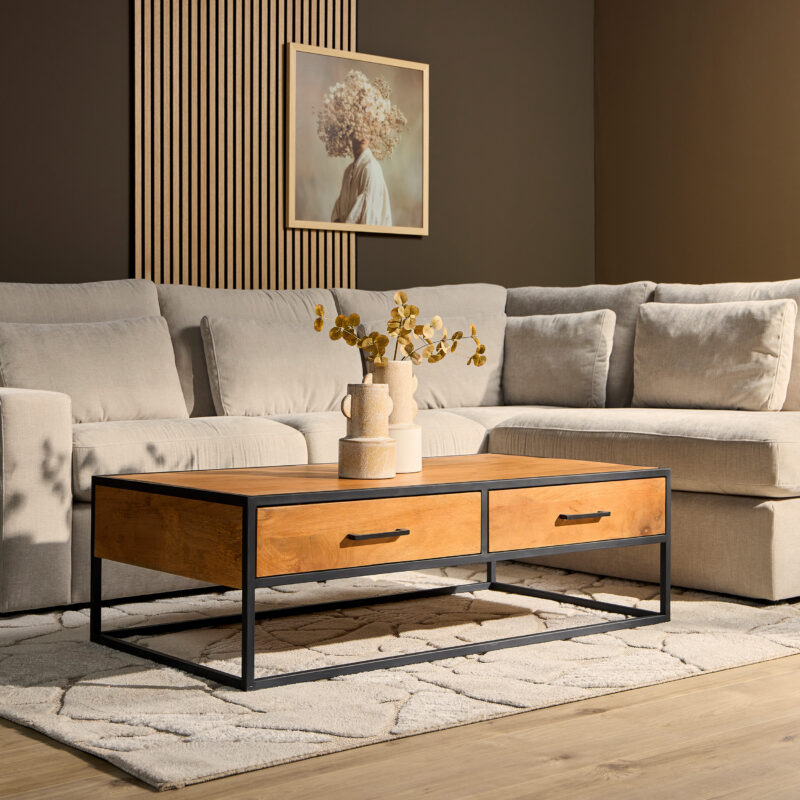 Salontafel Denver met lades Naturel Mangohout 130 cm - Image 1