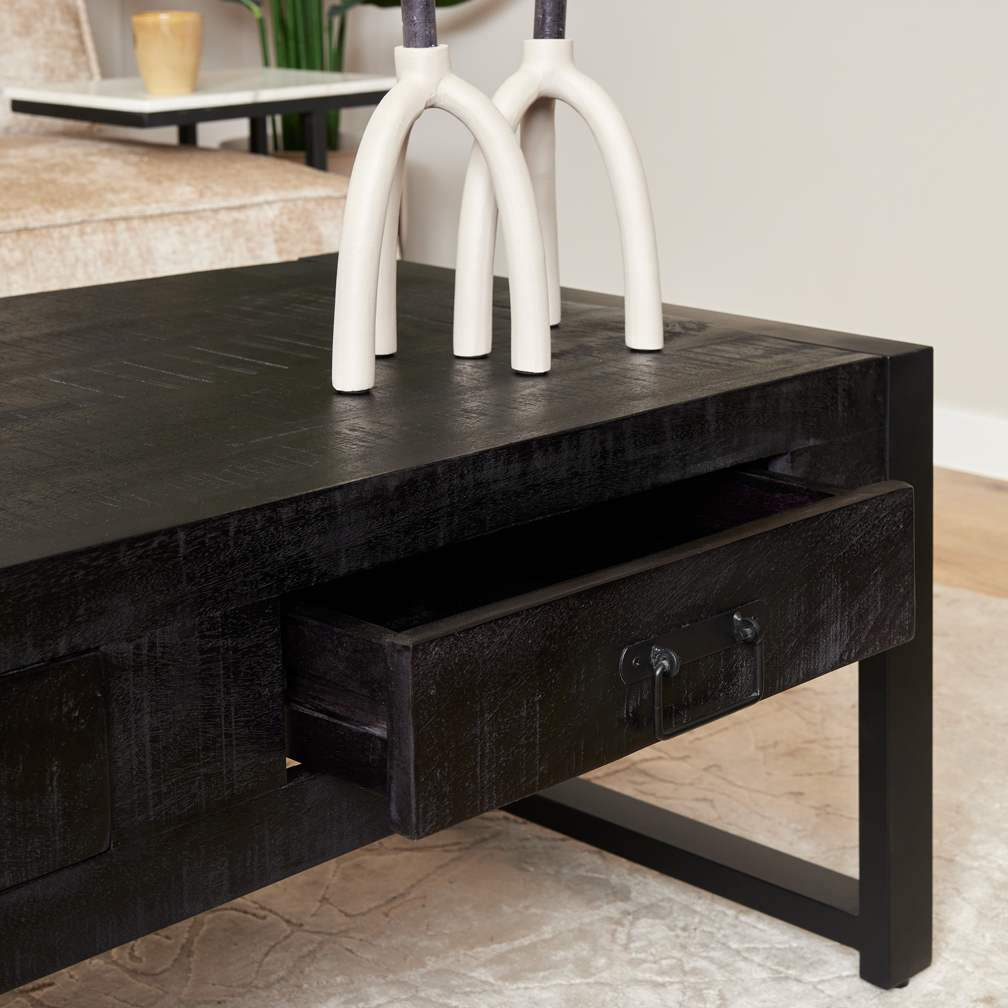 Salontafel Boaz met twee lades Zwart Mangohout 120 cm - Image 2