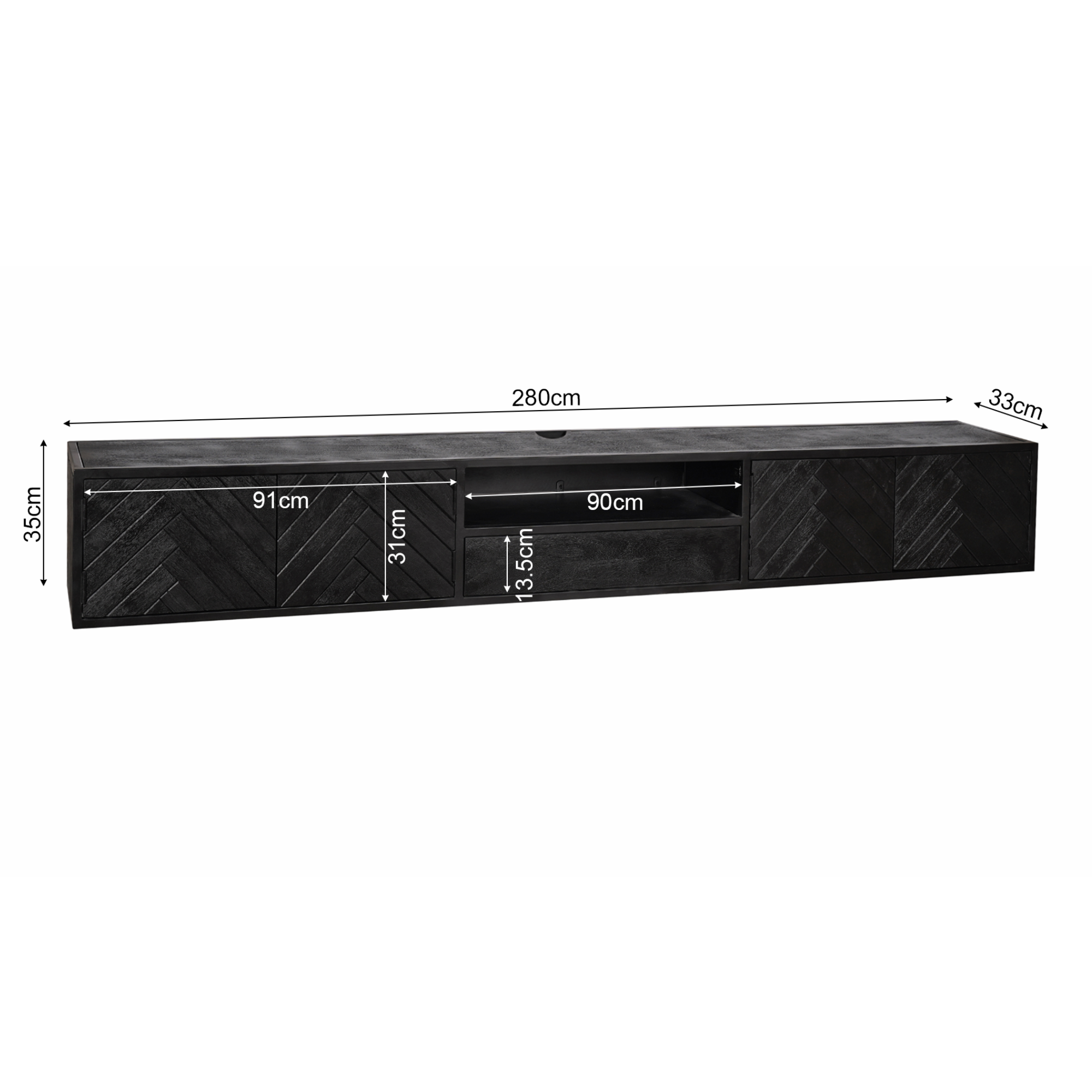 Zwevend tv meubel New York Zwart Mangohout 280 cm - Image 5