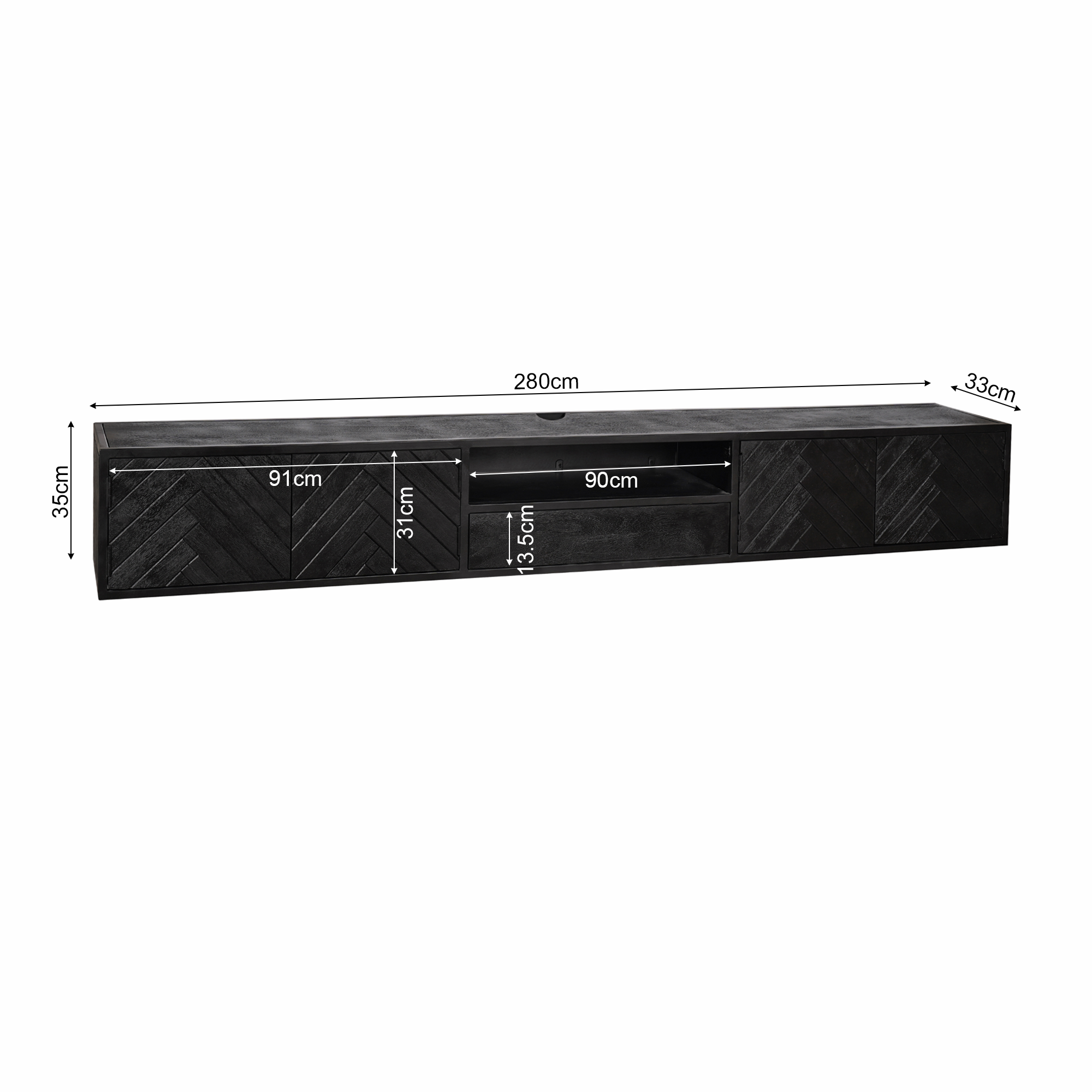 Zwevend tv meubel New York Zwart Mangohout 280 cm - Image 7
