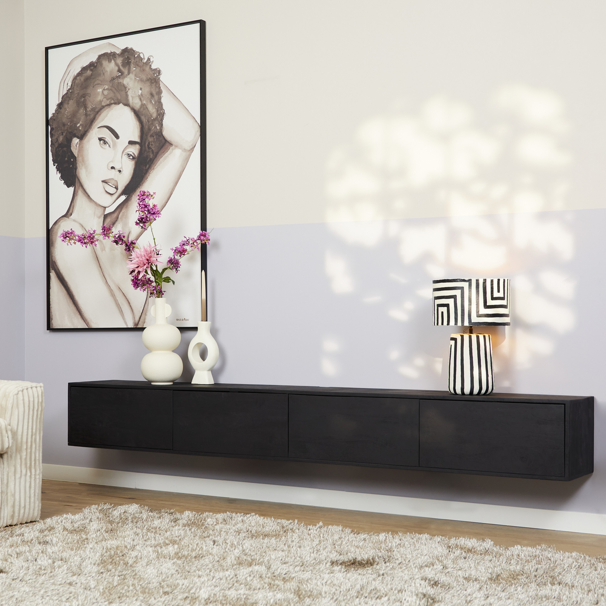 Zwevend tv meubel Vison Zwart Mangohout 240 cm - Image 1