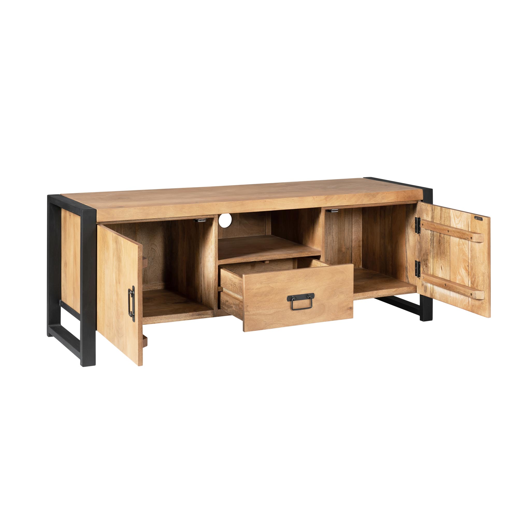 STF-4622_3 Tv meubel Britt met deuren en lade Naturel Mangohout 150 cm - Image 4