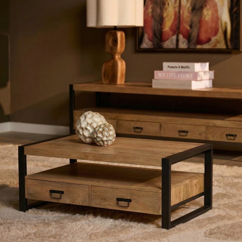 Salontafel Britt met vier lades Naturel Mangohout 120 cm - Image 1