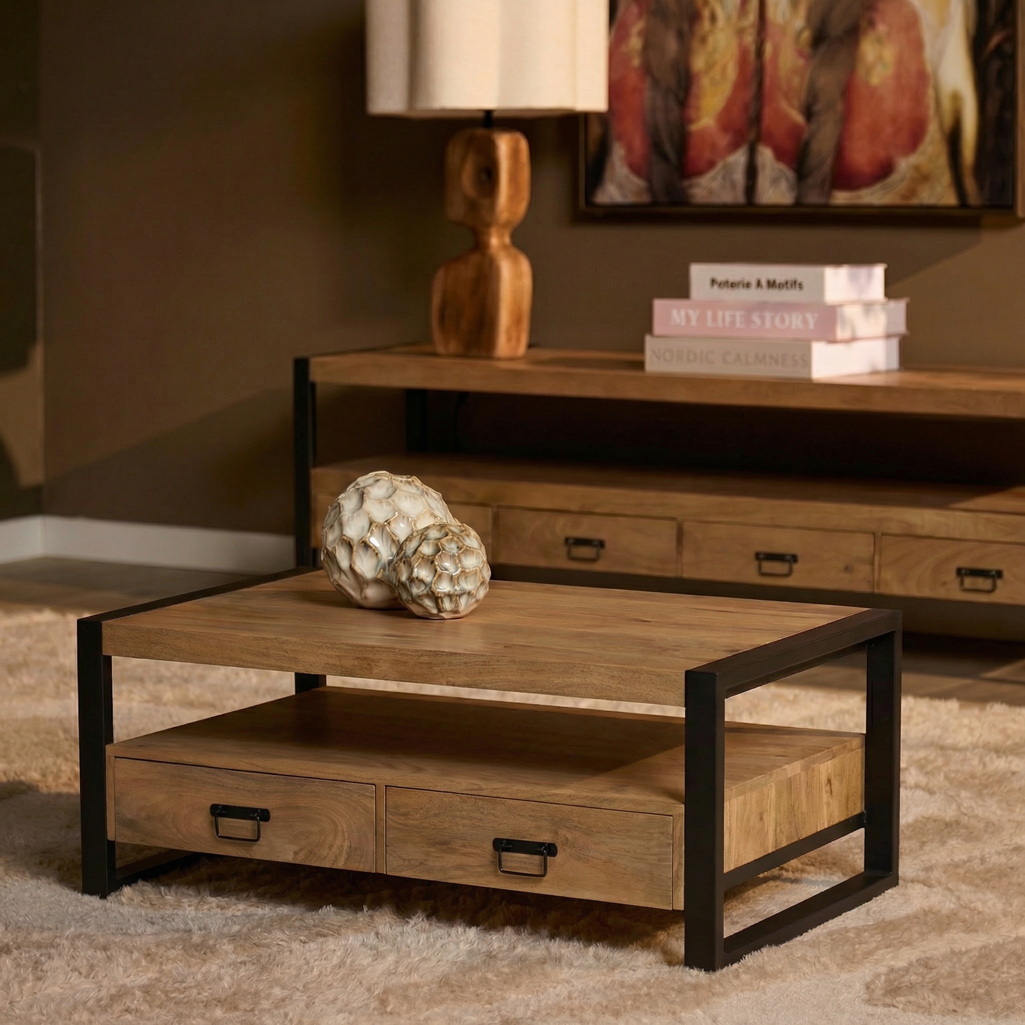 Salontafel Britt met vier lades Naturel Mangohout 120 cm - Image 1