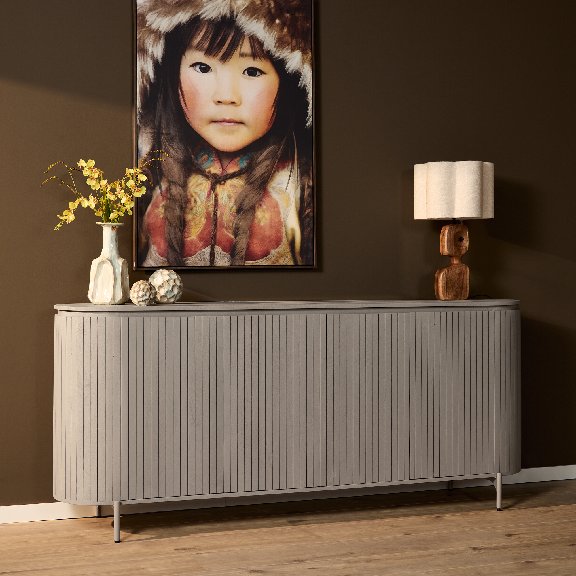 STF-2909_0 Dressoir Solana Taupe Mangohout 210 cm - Image 1