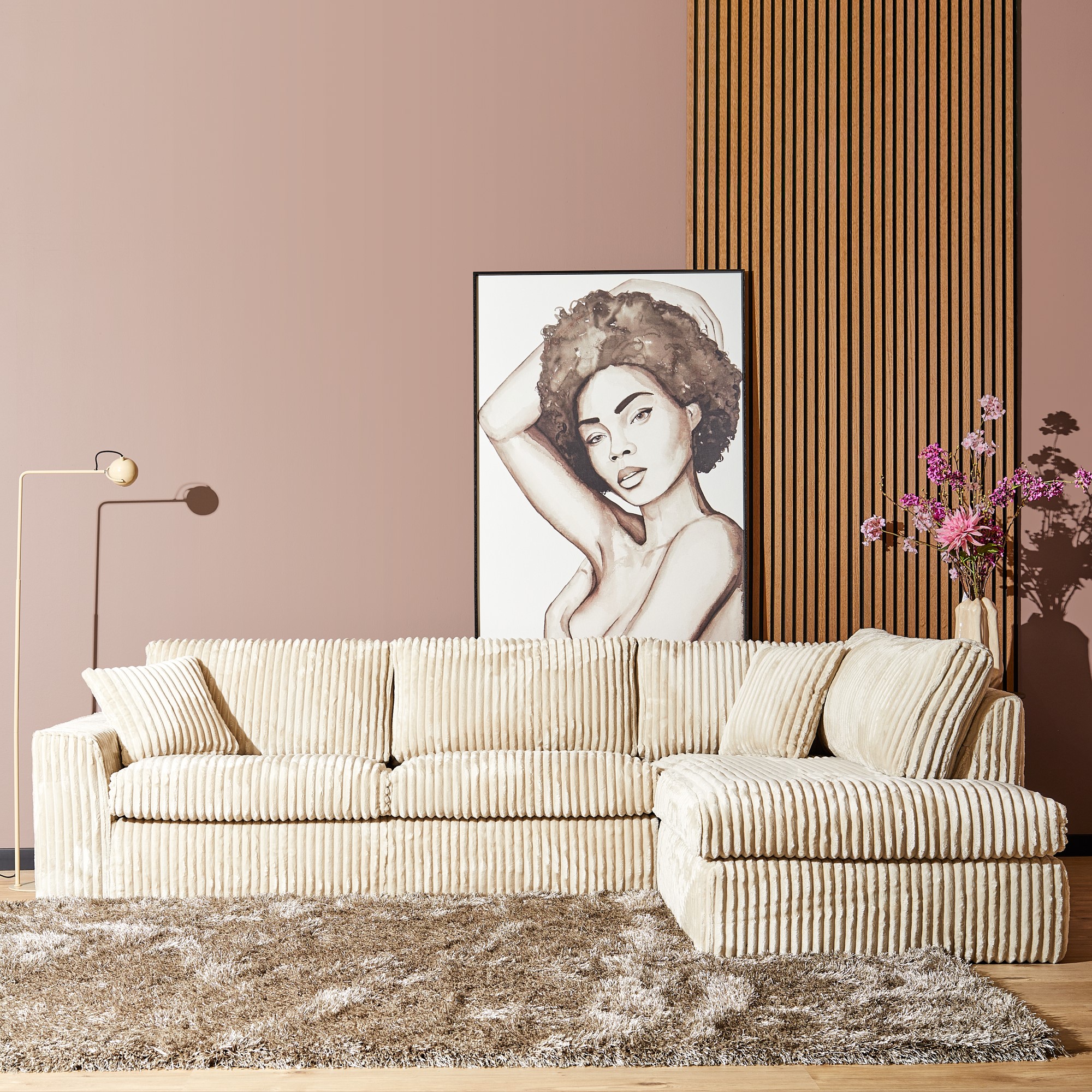 MYS-6001_0 MySofa Teddy Hoekbank Beige 2,5 zits+Divan Rechts - Image 1
