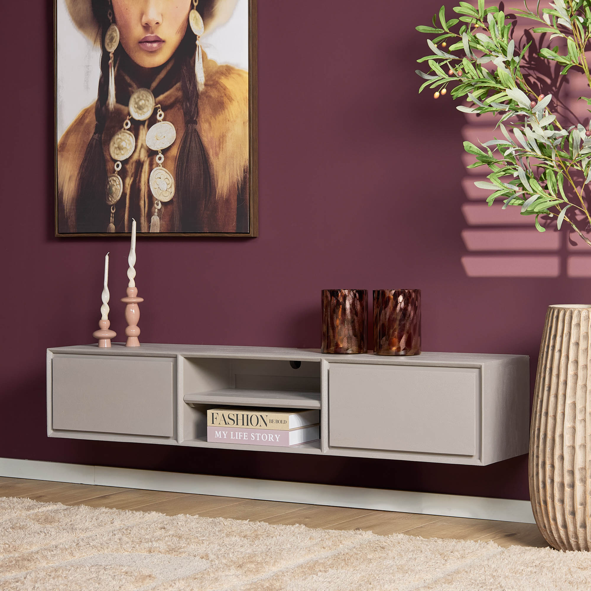 STF-1622_1 Zwevend tv meubel Ambiance Taupe Mangohout 160 cm - Image 2