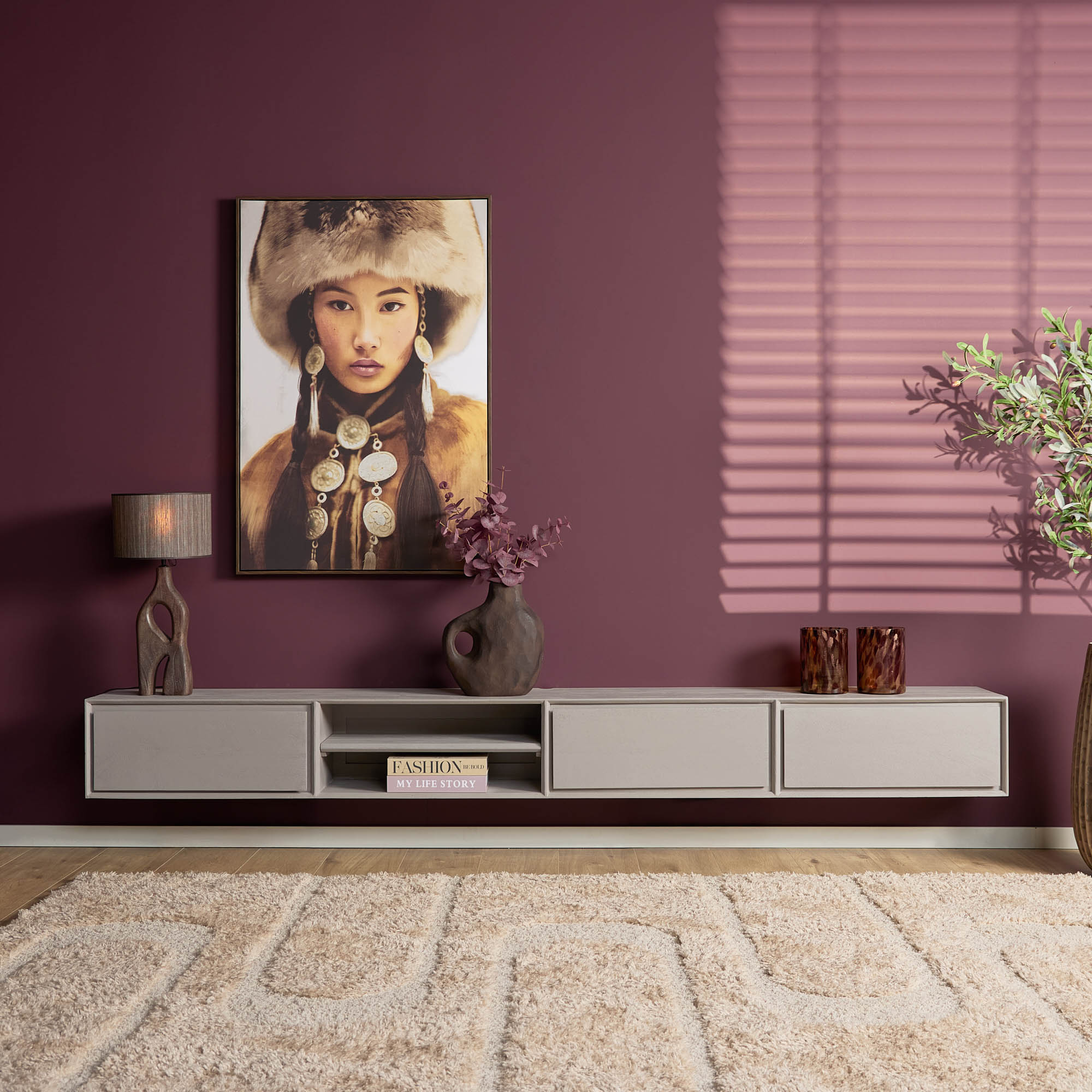 STF-1624_0 Zwevend tv meubel Ambiance Taupe Mangohout 240 cm - Image 1