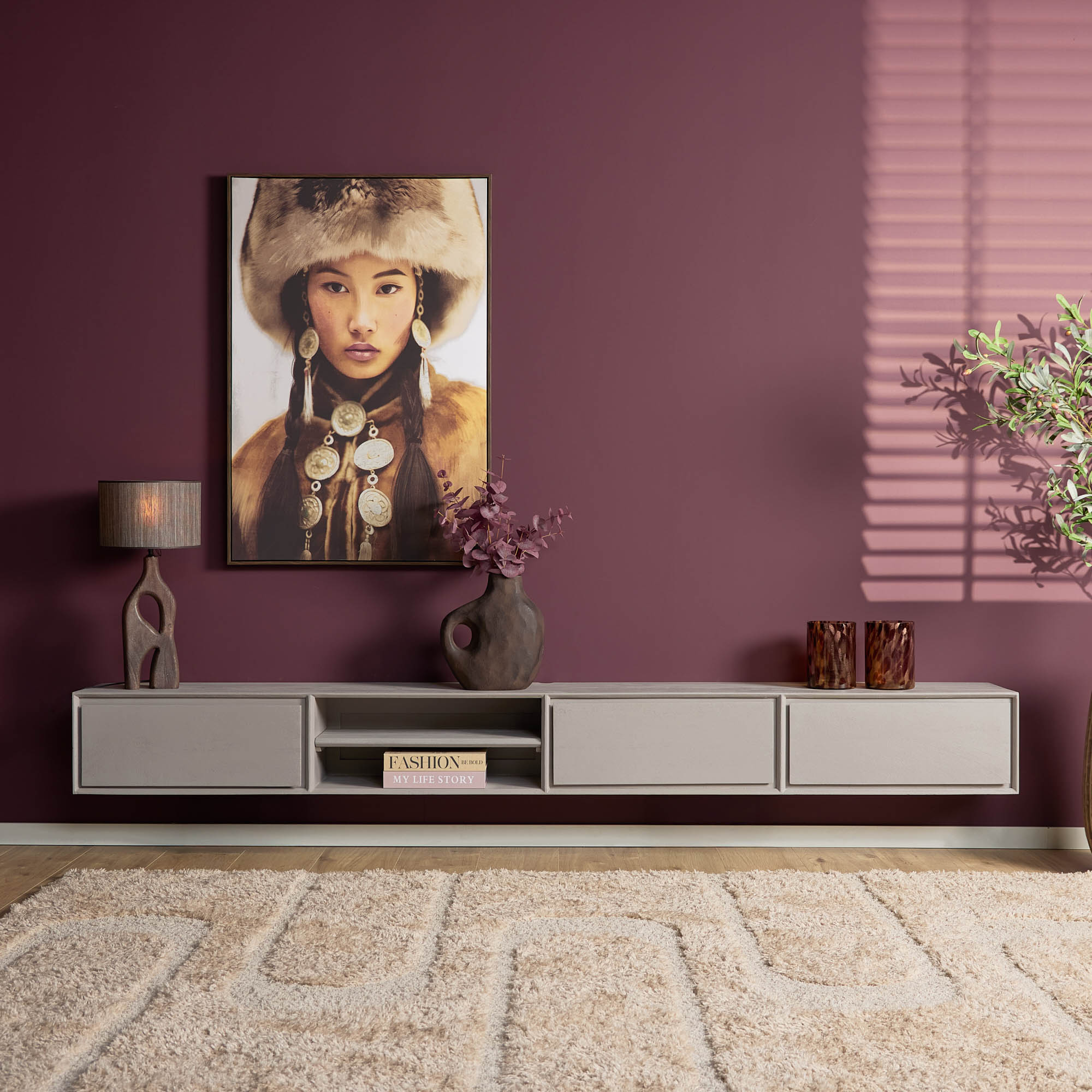 STF-1625_0 Zwevend tv meubel Ambiance Taupe Mangohout 280 cm - Image 1