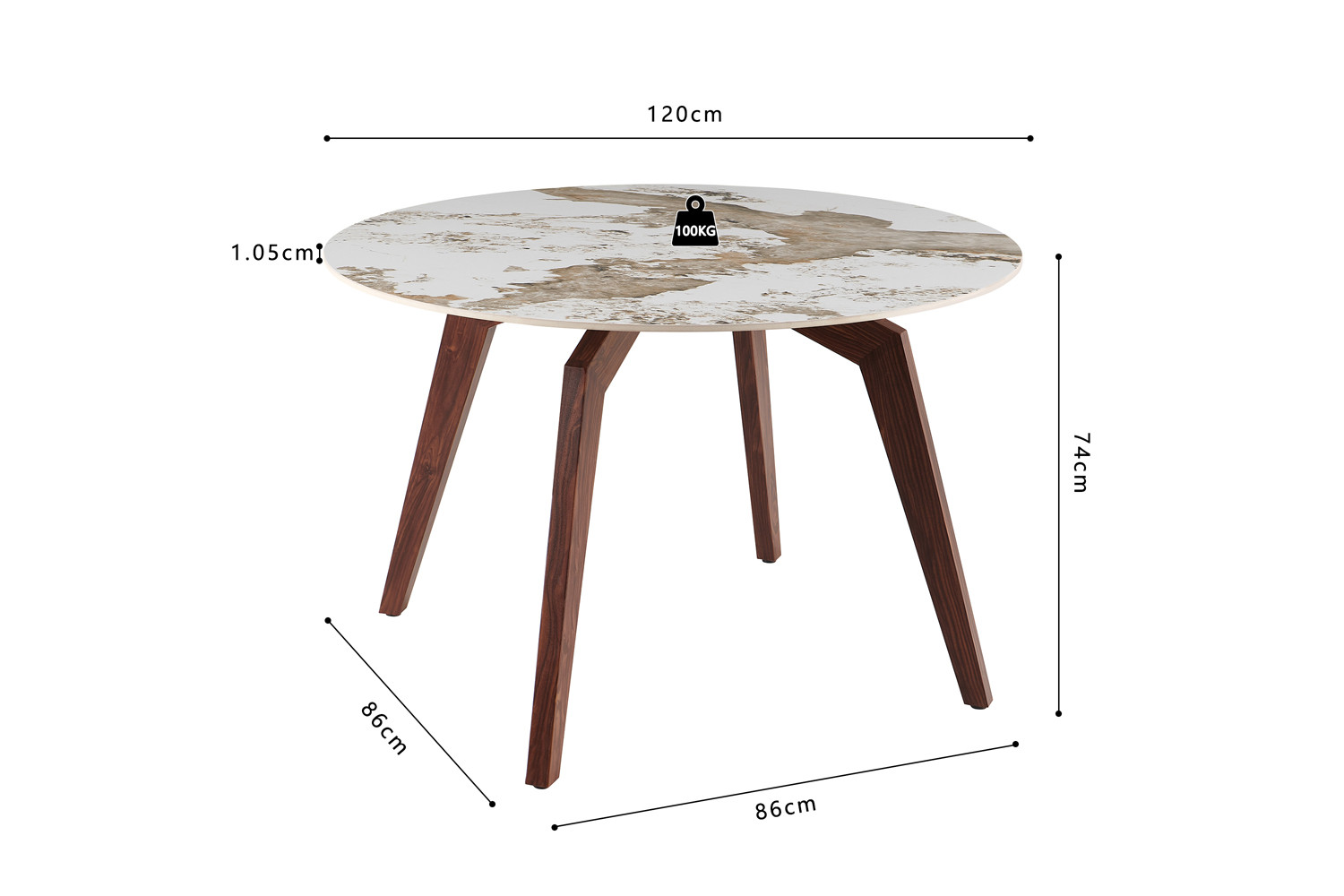 Image 7 for NEW - Tafel Alma 120 cm Rond Glanzend Steen Pandora - Voet walnoot