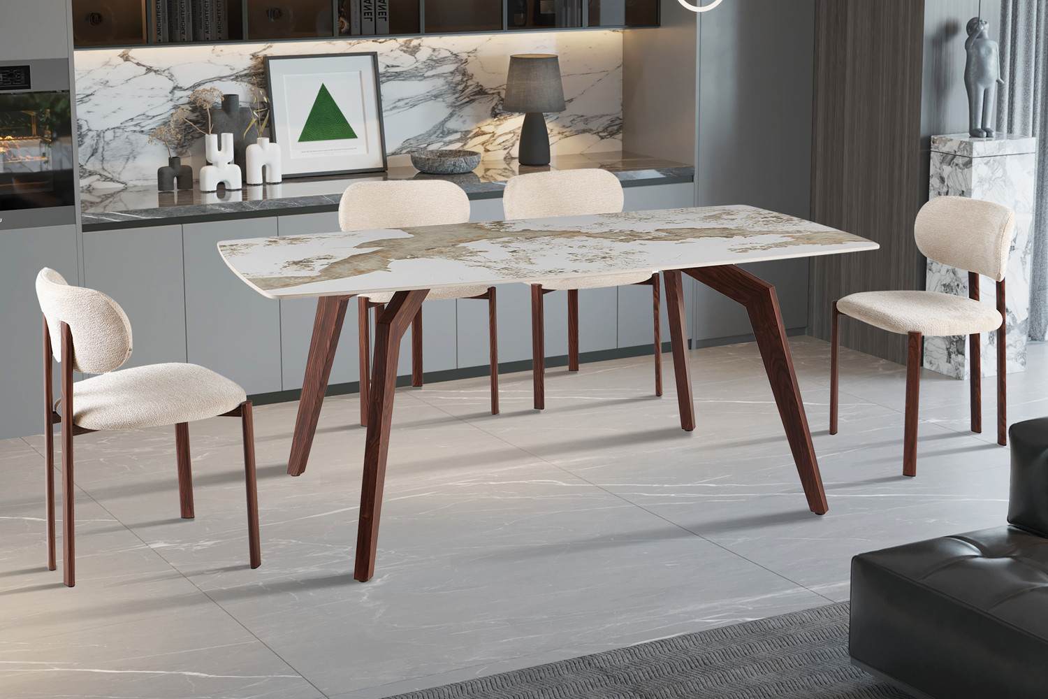 Image 1 for NEW - Tafel Alma 180x90 cm Glanzend Steen Pandora - Voet walnoot