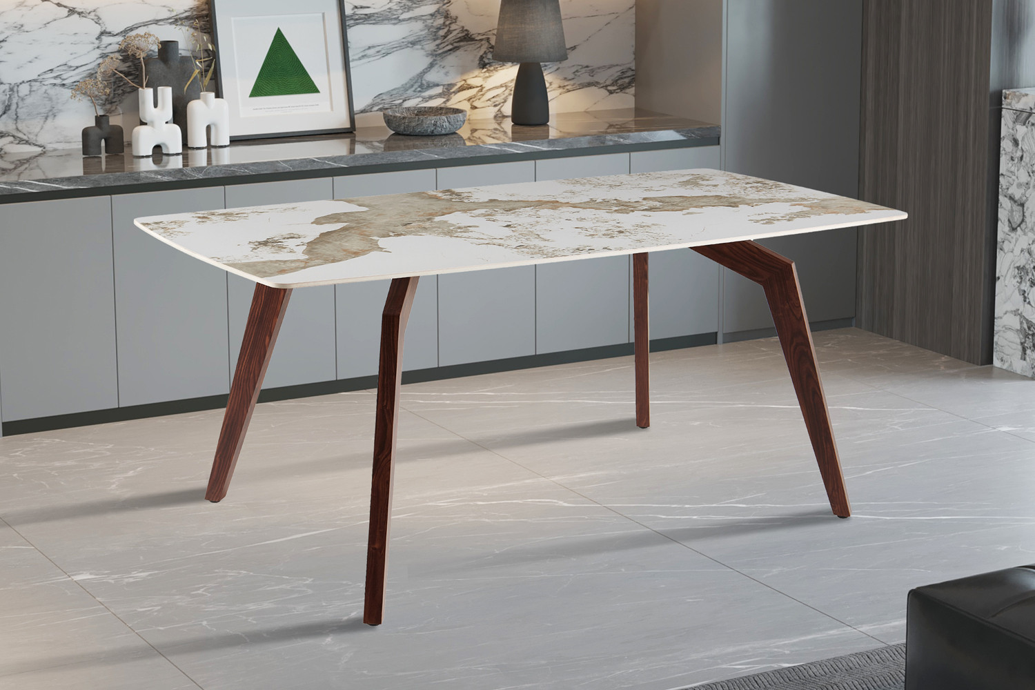 Image 3 for NEW - Tafel Alma 180x90 cm Glanzend Steen Pandora - Voet walnoot
