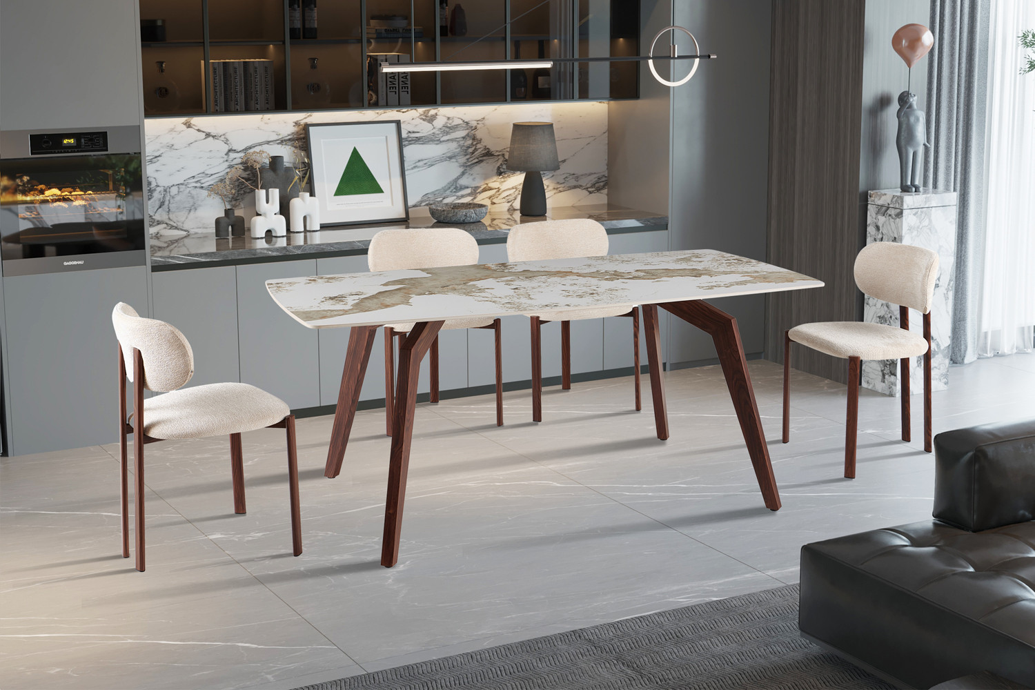 Image 2 for NEW - Tafel Alma 180x90 cm Glanzend Steen Pandora - Voet walnoot