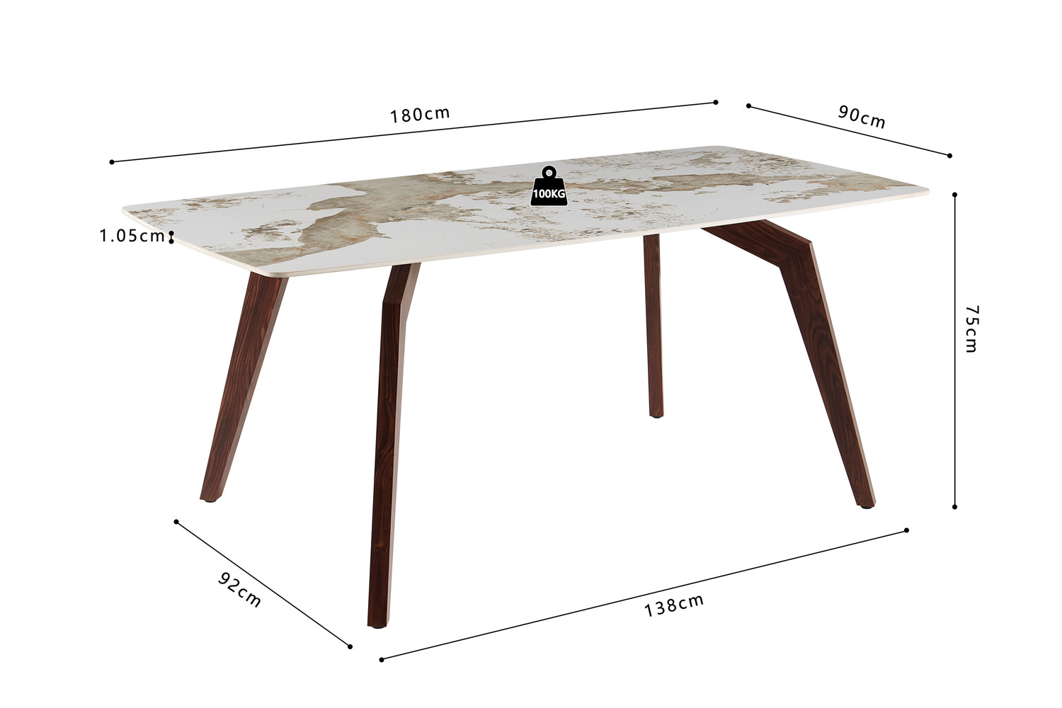 Image 9 for NEW - Tafel Alma 180x90 cm Glanzend Steen Pandora - Voet walnoot
